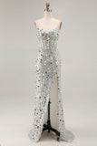 Glinsterende roze strapless pailletten lange galajurk met split