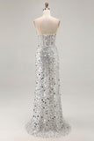 Glitterende gouden strapless paillettenschede plus maat lange galajurk met split