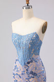 Grijsblauwe strapless zeemeerminkorset Lange Galajurk met pailletten