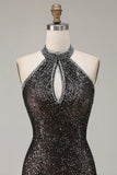 Champagne Zeemeermin Halter Halters Met Pailletten Beat Keyhole Lange Galajurk met Split
