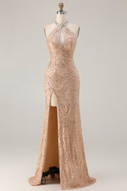 Champagne Zeemeermin Halter Halters Met Pailletten Beat Keyhole Lange Galajurk met Split