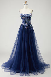 Marineblauwe strapless A-lijn doorschijnende korset-appliqué tule lange galajurk met pailletten