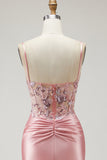 Blush zeemeermin spaghetti bandjes satijn doorschijnend korset pailletten lange galajurk met split