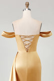 Gouden Zeemeermin Off-the-shoulder geplooide satijnen lange galajurk met split