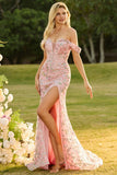 Off-the-shoulder meermin blush pailletten lange galajurk met split