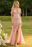 Off-the-shoulder meermin blush pailletten lange galajurk met split