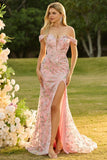 Off-the-shoulder meermin blush pailletten lange galajurk met split