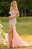 Off-the-shoulder meermin blush pailletten lange galajurk met split