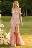 Off-the-shoulder meermin blush pailletten lange galajurk met split