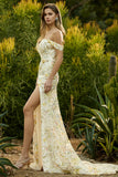 Off-the-shoulder meermin blush pailletten lange galajurk met split
