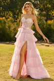 Roze Sweetheart A-lijn Corset met ruches Lange Galajurk met split