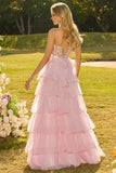 Roze Sweetheart A-lijn Corset met ruches Lange Galajurk met split
