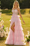 Roze Sweetheart A-lijn Corset met ruches Lange Galajurk met split