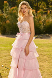 Roze Sweetheart A-lijn Corset met ruches Lange Galajurk met split