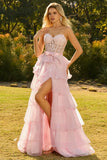 Roze Sweetheart A-lijn Corset met ruches Lange Galajurk met split
