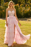 Roze Sweetheart A-lijn Corset met ruches Lange Galajurk met split