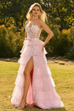 Roze Sweetheart A-lijn Corset met ruches Lange Galajurk met split