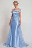 Champagne Off the Shoulder Appliqued Satijn Zeemeermin Moeder van de Bruid Jurk