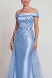 Champagne Off the Shoulder Appliqued Satijn Zeemeermin Moeder van de Bruid Jurk