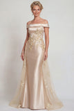 Champagne Off the Shoulder Appliqued Satijn Zeemeermin Moeder van de Bruid Jurk