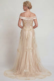 Champagne Off the Shoulder Appliqued Satijn Zeemeermin Moeder van de Bruid Jurk
