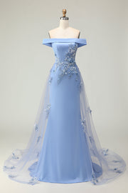 Uit de schouder grijs blauwe zeemeermin opgestikte moeder van de bruid jurk met pailletten