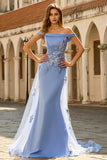Grijze blauwe zeemeermin met off-the-shoulder appliqueerde jurk van de moeder van de bruid met pailletten