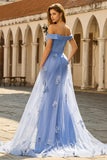 Grijze blauwe zeemeermin met off-the-shoulder appliqueerde jurk van de moeder van de bruid met pailletten