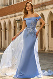 Grijze blauwe zeemeermin met off-the-shoulder appliqueerde jurk van de moeder van de bruid met pailletten