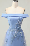 Grijze blauwe zeemeermin met off-the-shoulder appliqueerde jurk van de moeder van de bruid met pailletten