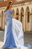Grijze blauwe zeemeermin met off-the-shoulder appliqueerde jurk van de moeder van de bruid met pailletten