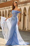 Grijze blauwe zeemeermin met off-the-shoulder appliqueerde jurk van de moeder van de bruid met pailletten