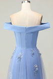 Grijze blauwe zeemeermin met off-the-shoulder appliqueerde jurk van de moeder van de bruid met pailletten
