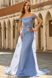 Grijze blauwe zeemeermin met off-the-shoulder appliqueerde jurk van de moeder van de bruid met pailletten