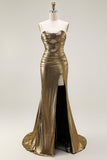 Metallic Donker Gouden Zeemeermin Strapless Uitgesneden Lange Prom Jurk met Split