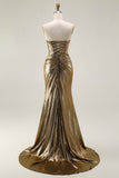 Metallic Donker Gouden Zeemeermin Strapless Uitgesneden Lange Prom Jurk met Split