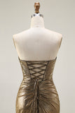 Metallic Donker Gouden Zeemeermin Strapless Uitgesneden Lange Prom Jurk met Split