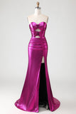 Metallic Fuchsia Zeemeermin strapless met uitsnede 3D bloemen lange galajurk met split