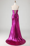 Metallic Fuchsia Zeemeermin strapless met uitsnede 3D bloemen lange galajurk met split