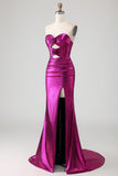 Metallic Fuchsia Zeemeermin strapless met uitsnede 3D bloemen lange galajurk met split