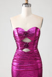 Metallic Fuchsia Zeemeermin strapless met uitsnede 3D bloemen lange galajurk met split