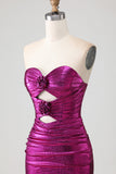 Metallic Fuchsia Zeemeermin strapless met uitsnede 3D bloemen lange galajurk met split