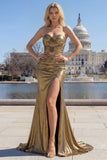 Metallic Donker Gouden Zeemeermin Strapless Uitgesneden Lange Prom Jurk met Split
