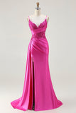 Fuchsia Zeemeermin Streamer Beaded Ruched Lange Prom Jurk met Split