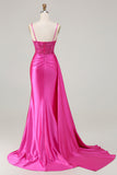 Fuchsia Zeemeermin Streamer Beaded Ruched Lange Prom Jurk met Split