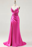 Fuchsia Zeemeermin Streamer Beaded Ruched Lange Prom Jurk met Split