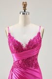 Fuchsia Zeemeermin Streamer Beaded Ruched Lange Prom Jurk met Split