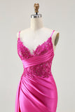 Fuchsia Zeemeermin Streamer Beaded Ruched Lange Prom Jurk met Split
