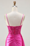 Fuchsia Zeemeermin Streamer Beaded Ruched Lange Prom Jurk met Split