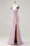 Lila zeemeermin-korset met pailletten lange galajurk met split